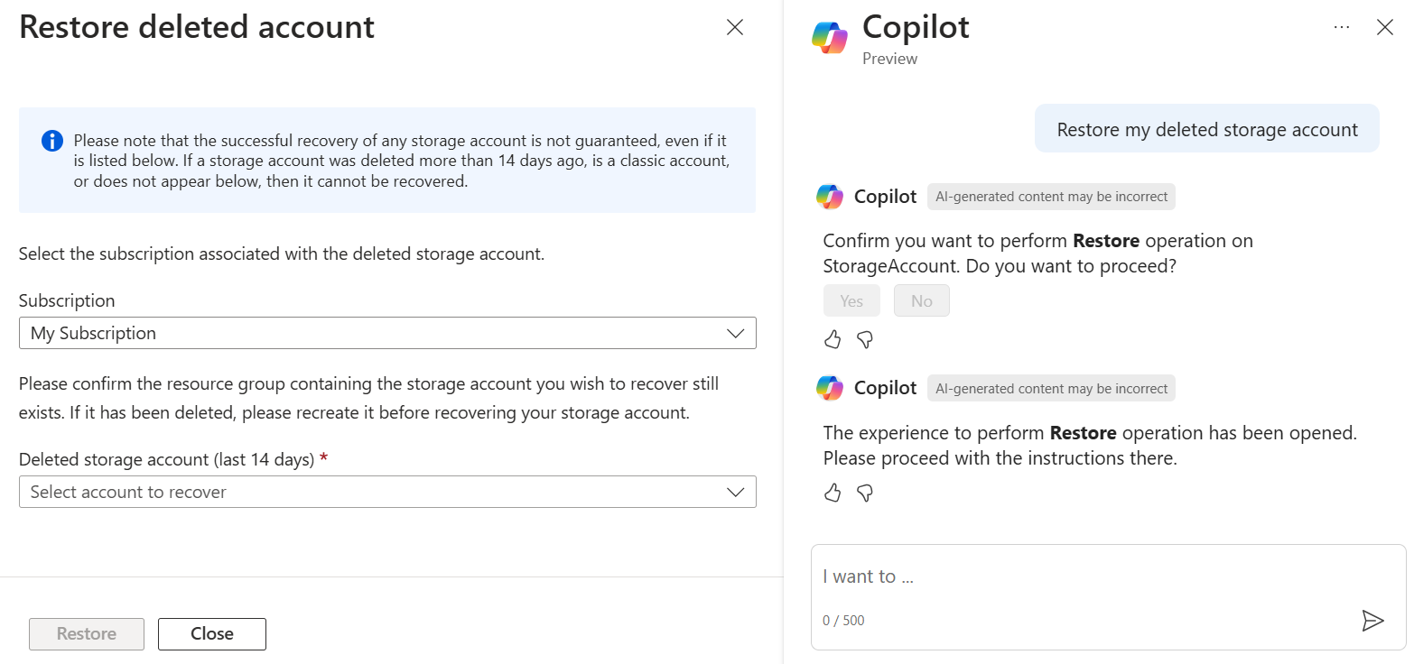 Skärmbild av Microsoft Copilot i Azure som svarar på en begäran om att återställa ett borttaget lagringskonto.