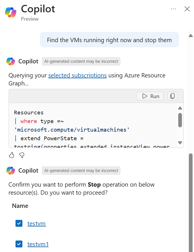 Skärmbild som visar Copilot i Azure som svarar på en begäran om att sluta köra virtuella datorer.