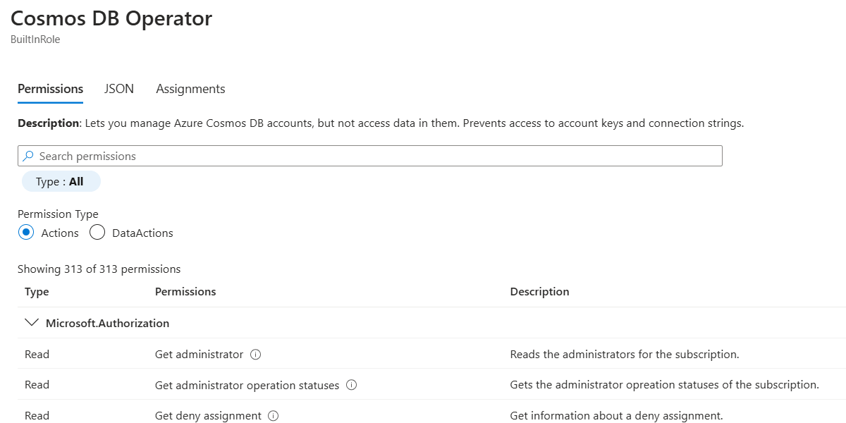 Skärmbild av dialogrutan Cosmos DB-operator med information om den inbyggda rolldefinitionen.
