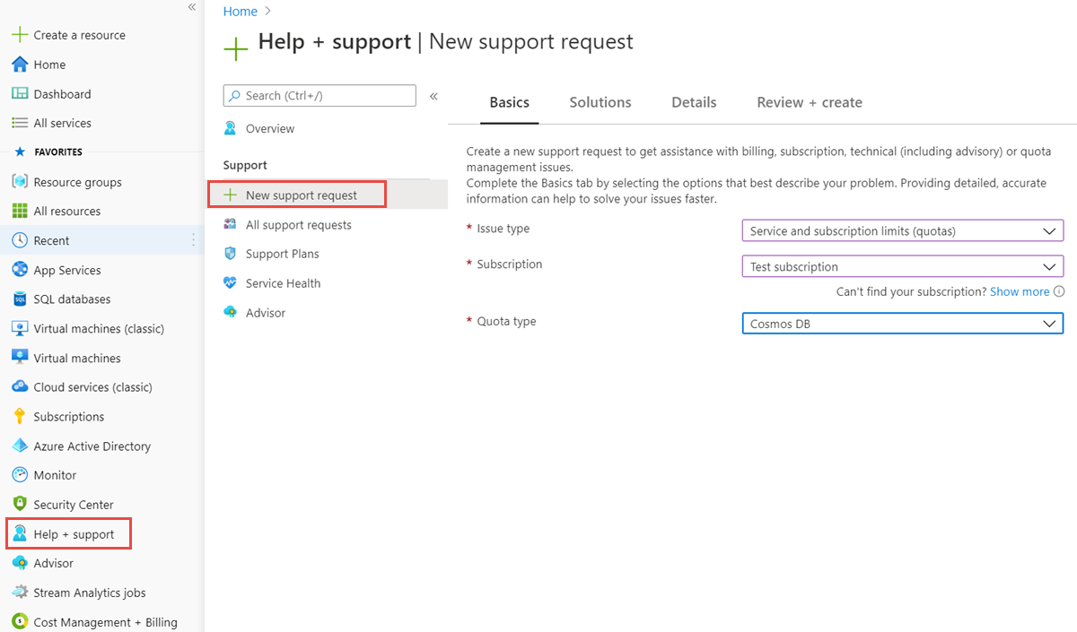 Skapa en ny Azure Cosmos DB-supportbegäran om kvotökning