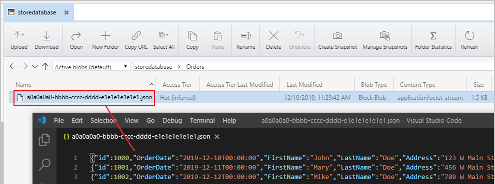 Skärmbild som visar den skapade filen som innehåller JSON-objekten.