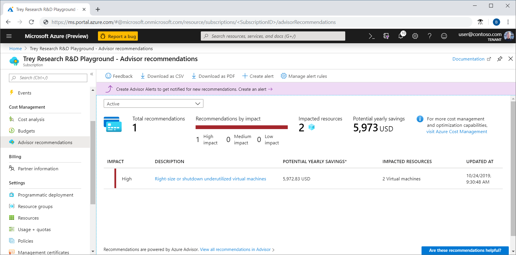 Skärmbild som visar Cost Management Advisor-rekommendationer.