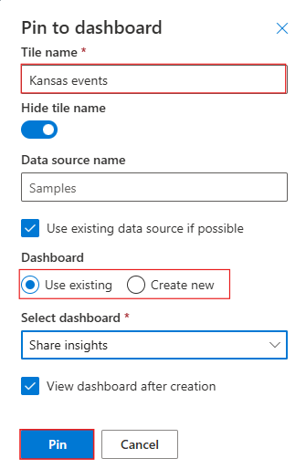 Skärmbild av dialogrutan för att fästa det visuella objektet på instrumentpanelen i Azure Data Explorer-webbgränssnittet.