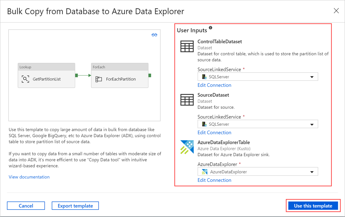 Fönstret Masskopiering från databas till Azure Data Explorer