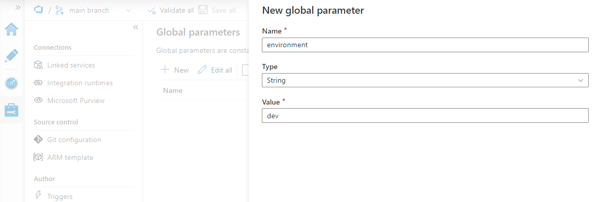 Skärmbild som visar var du lägger till namn, datatyp och värde för den nya globala parametern.