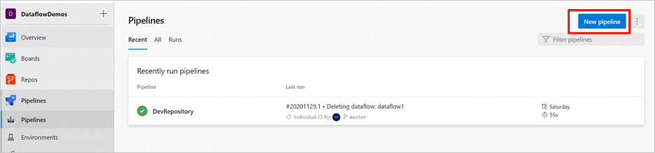 Skärmbild som visar knappen Ny pipeline.