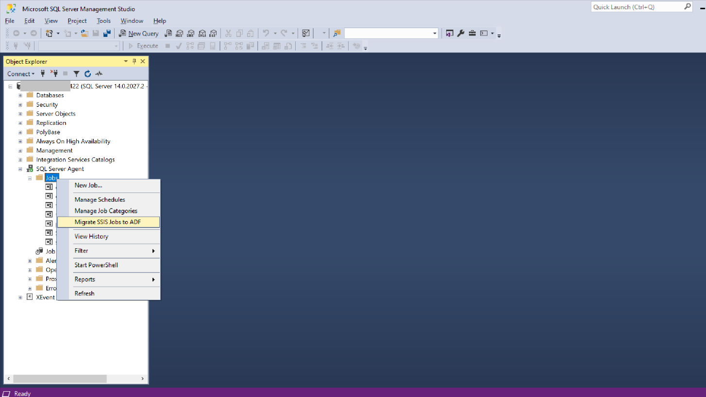 Skärmbild som visar SQL Server Management Studio Object Explorer, där du kan välja Jobb och sedan Migrera S S I S-jobb till A D F.