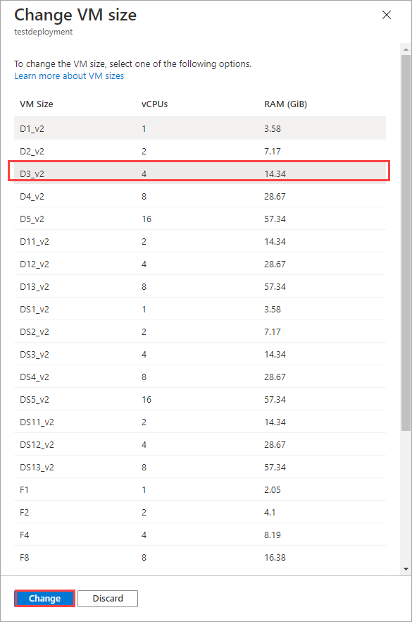 Skärmbild av skärmen Ändra vm-storlek. En VM-storlek är markerad, liksom knappen Ändra.