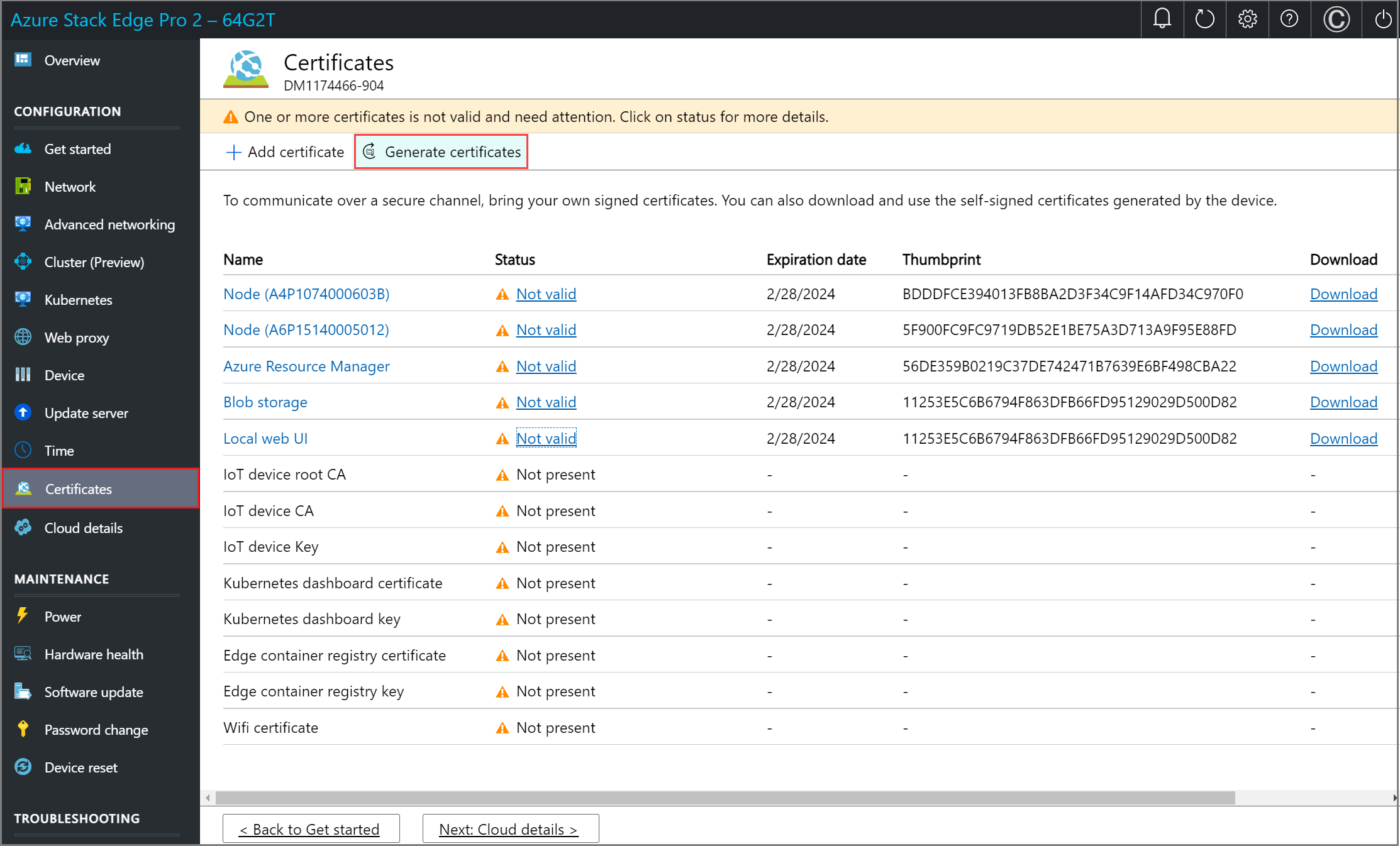 Screenshot of the Certificates page in the local web UI of an Azure Stack Edge device. The Generate Certificates button is highlighted.