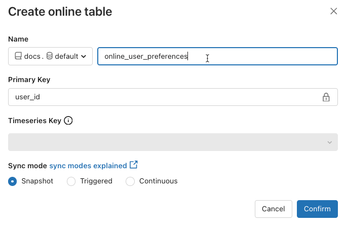 konfigurera dialogrutan för online-tabeller