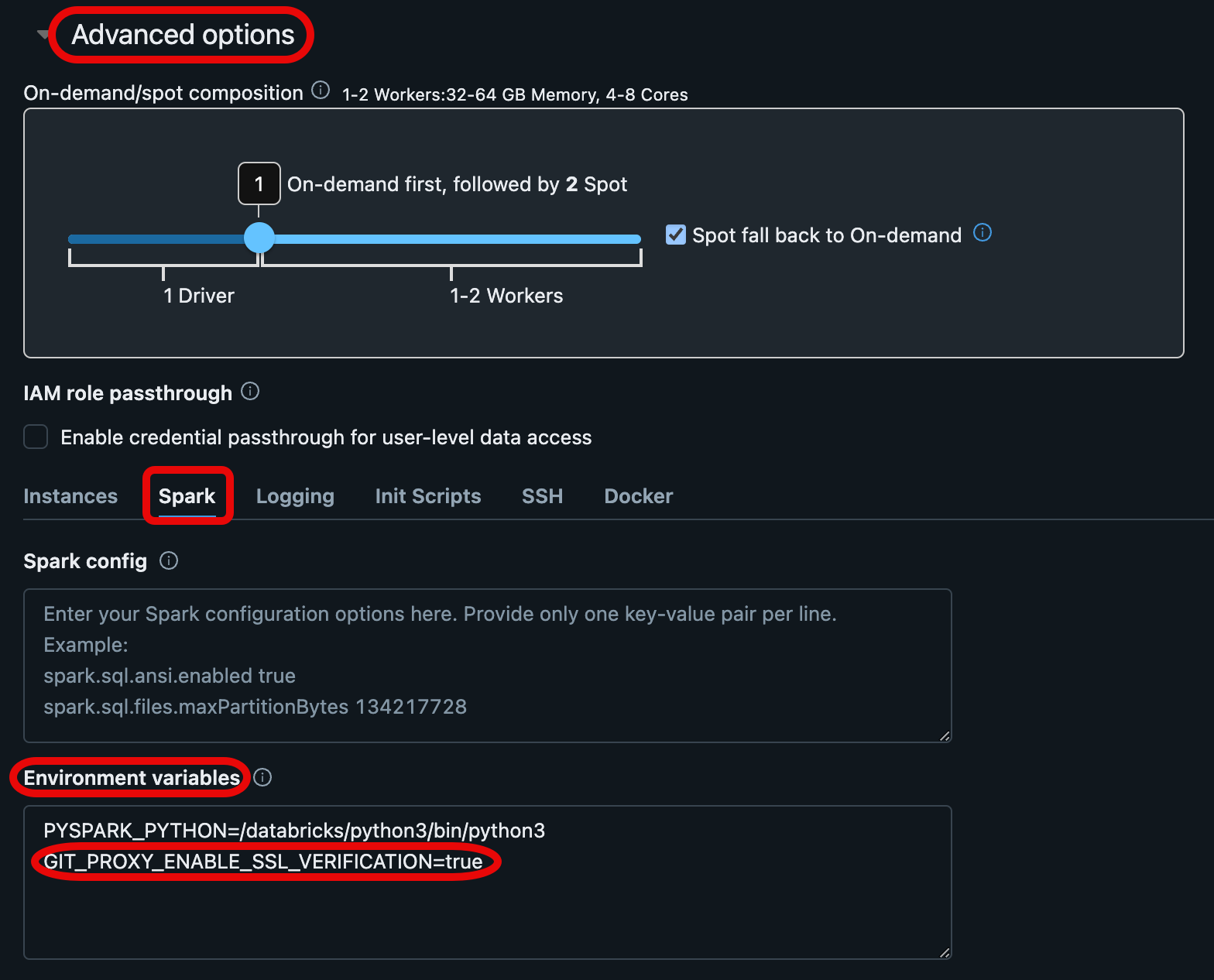 Databricks-beräkningskonfigurationssidan where du set miljövariabler för en Git-proxy