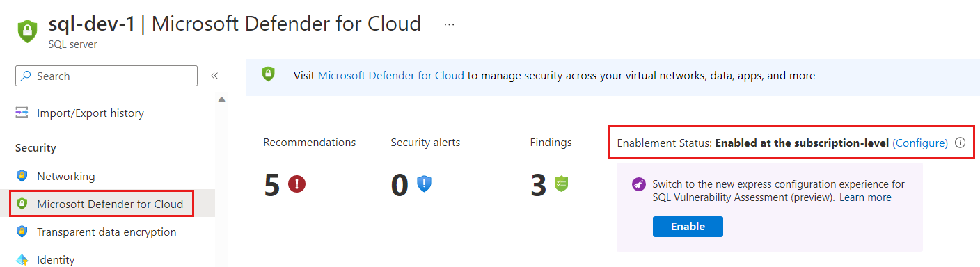 Skärmbild av Defender för SQL-konfigurationen.