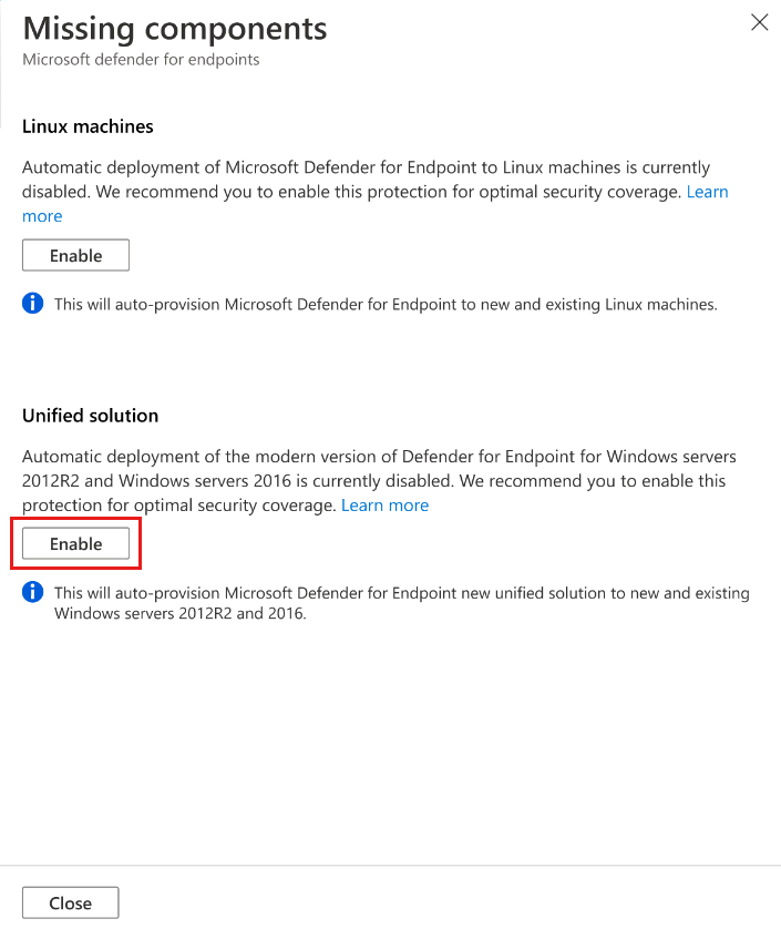 Skärmbild av aktivering av den enhetliga lösningen Defender för Endpoint för Windows Server 2012 R2- och 2016-datorer.