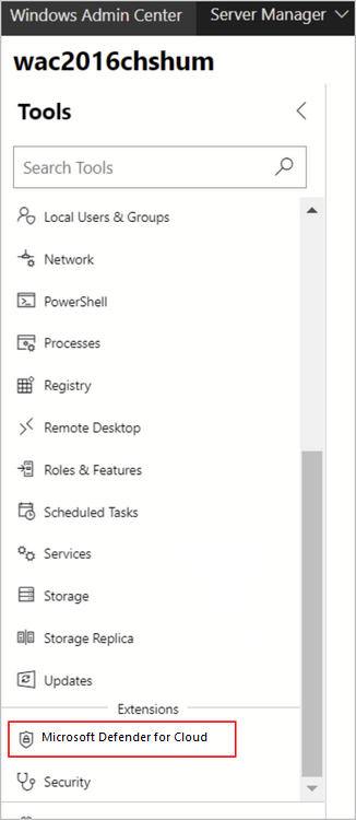 Microsoft Defender for Cloud-tillägget i Windows Admin Center.