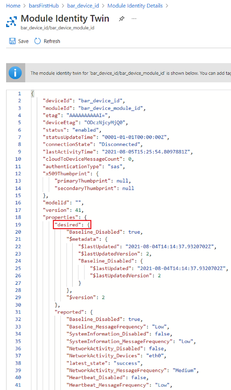 Skärmbild av exempelutdata för modulidentitetstvillingen.