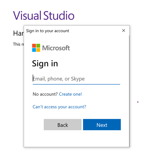 Skärmbild som visar dialogrutan för Visual Studio-inloggning.