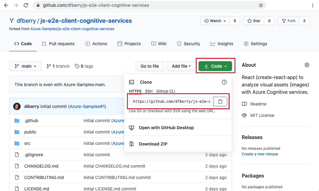 Skärmbild av GitHub-webbplatsen, välj **Kod** och kopiera sedan platsen för din förgrening.