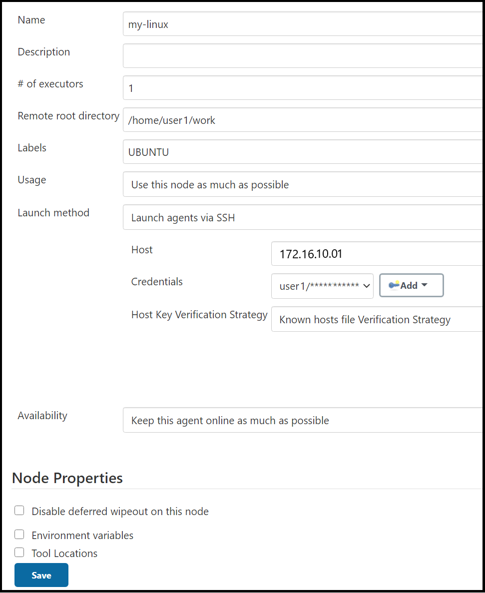 Node configuration example specifying a launch method of Launch agents via SSH.