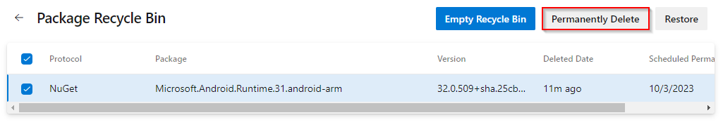 En skärmbild som visar hur du tar bort ett paket permanent i Azure Artifacts.