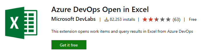 Skärmbild av Azure DevOps Open i Excel-tillägget.