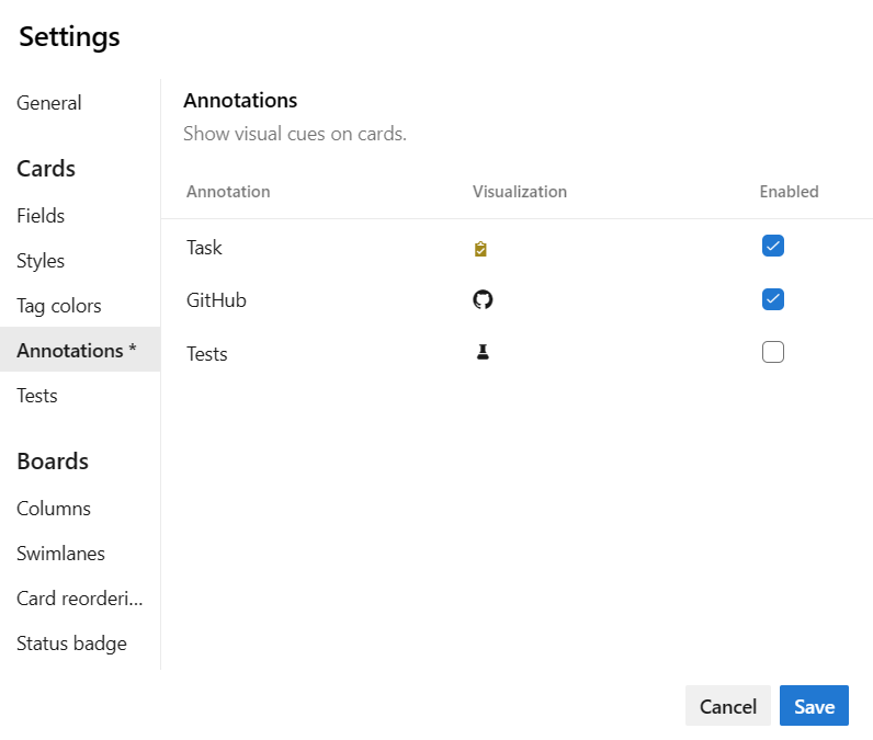 På inställningssidan är fliken Anteckningar markerad och fyra anteckningstyper, alla aktiverade, visas. De är: Uppgift, Bugg, GitHub och Tester.