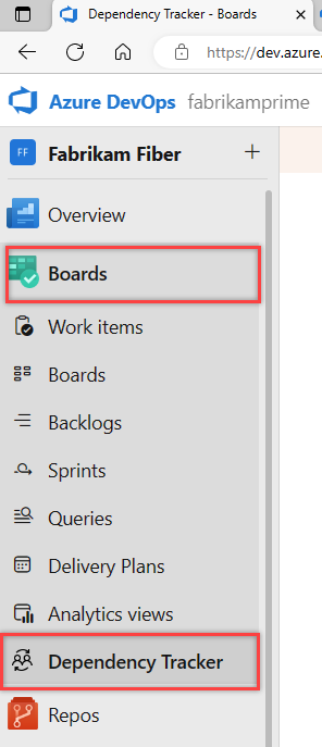 Skärmbild som visar dependency tracker hub i Azure Boards.