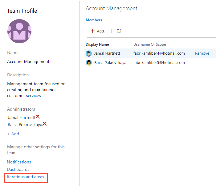 Skärmbild som visar teamprofilen, välj Iterationer och område.