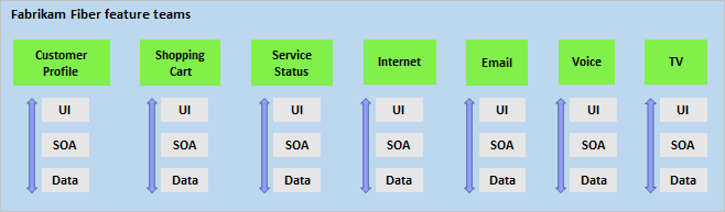 Diagram som visar sju funktionsteam: Kundvagn, Kundprofil, Tjänststatus, E-post, Röst, Internet och TV