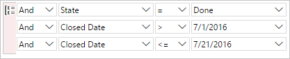 Skärmbild som visar Power Query-redigeraren-satsen för att hitta objekt som stängts inom en angiven tidsperiod.