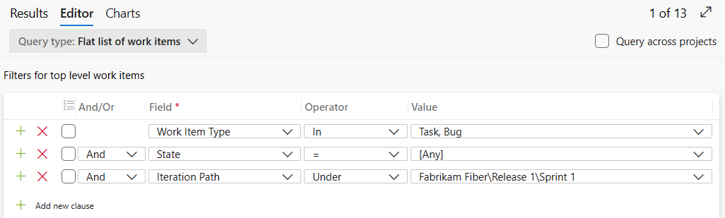 Skärmbild som visar sökning efter uppgifter och buggar för sprinten.