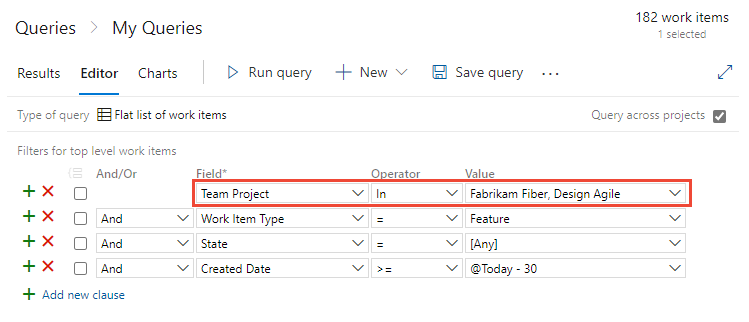 Skärmbild av Power Query-redigeraren med Team Project och andra fält som lagts till i filtret.