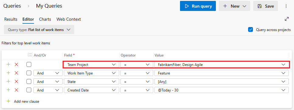 Skärmbild av Power Query-redigeraren med Team Project och andra fält som lagts till i filtret.