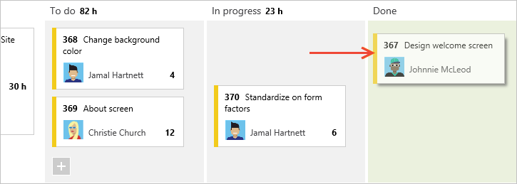 Skärmbild av Aktivitetstavlan, där du kan dra en bugg för att uppdatera status.