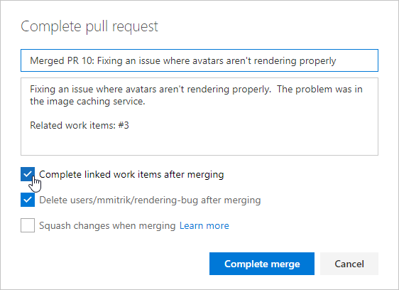 Dialogrutan Slutför pull-begäran, komplettera arbetsobjekt automatiskt med slutförande av PR-alternativet