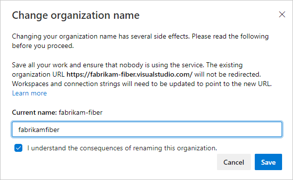 Skärmbild som visar bekräftelseskärmen för organisationens namnbyte.