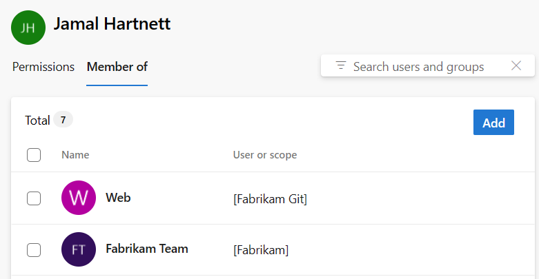 Skärmbild som visar Behörigheter, fliken Medlem.