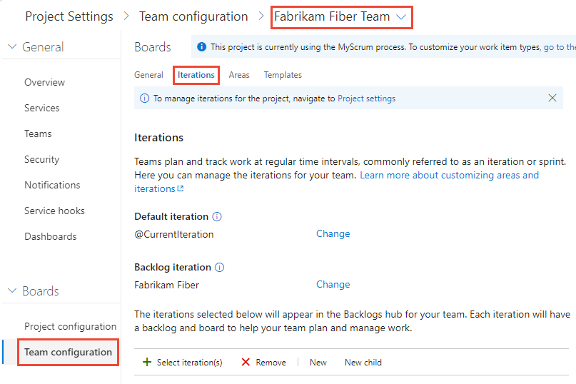Skärmbild av sidan Projektinställningar, Teamkonfiguration, Iterationer.