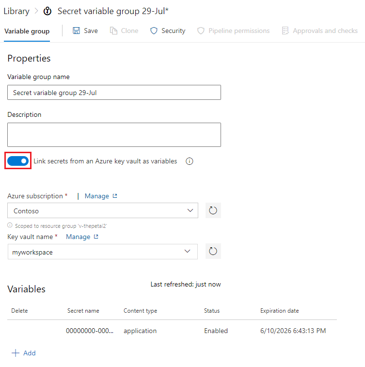 Skärmbild av variabelgrupp med Azure Key Vault-integrering.