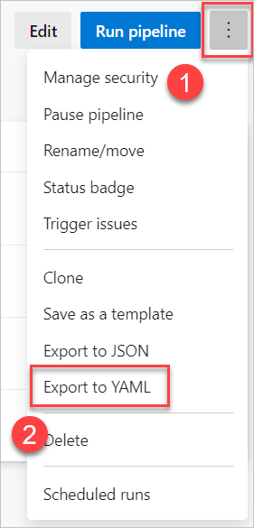 Skärmbild av snabbmenyn för att exportera din pipeline till YAML.