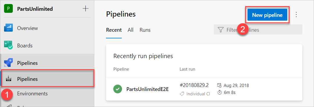 Två knappar att välja för att skapa en ny pipeline.