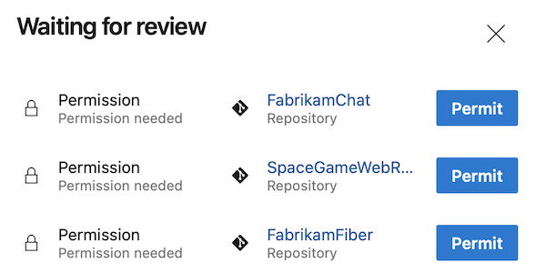 Skärmbild av att bli ombedd att bevilja behörighet till SpaceGameWeb-pipelinen för att få åtkomst till tre lagringsplatser.