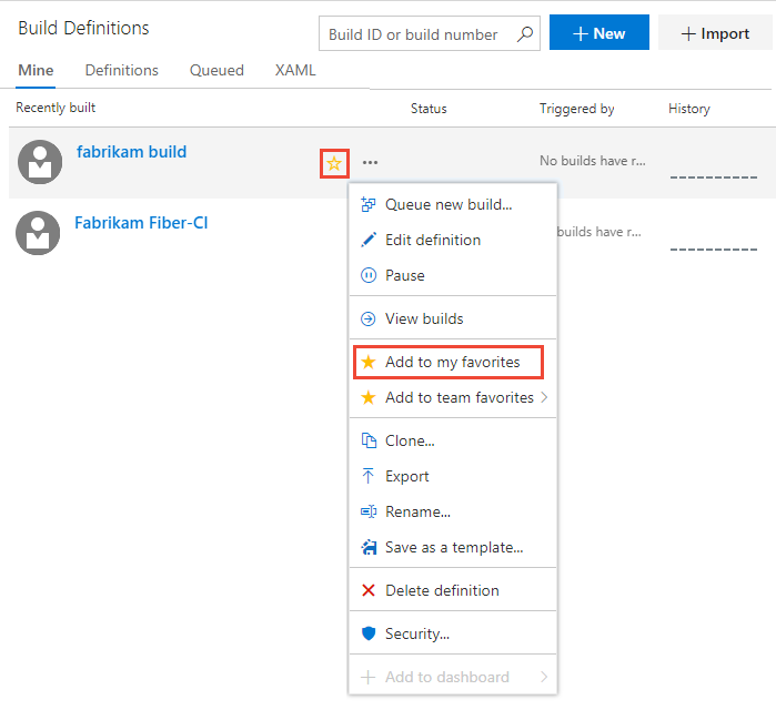 Pipelines, Builds, Add to my favorites or team favorites (Pipelines, Builds, Add to my favorites or team favorites)
