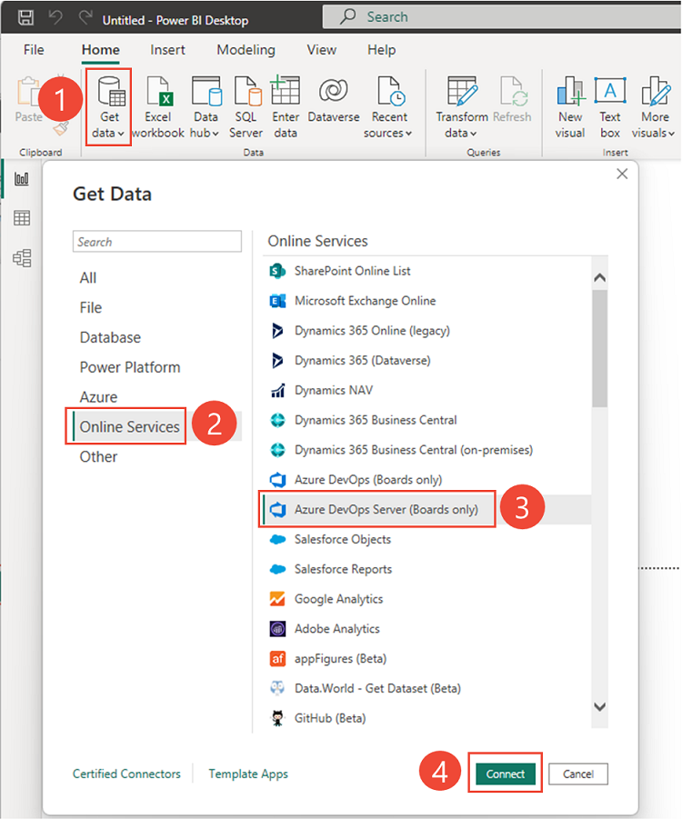 Skärmbild av Power BI, Anslut till Azure DevOps Server (endast boards).