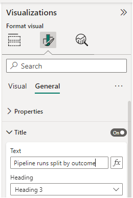 Skärmbild av fönstret Visualiseringar, alternativ för rapportformat, ändra rubrik. 