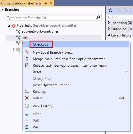 Skärmbild av alternativet Checkout i snabbmenyn för grenen i Fönstret Git-lagringsplats i Visual Studio.