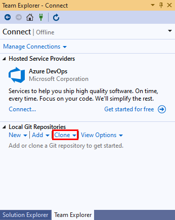 Skärmbild av länken Klona i vyn Anslut i Team Explorer i Visual Studio 2019.