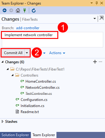 Skärmbild av alternativet Checka in alla i vyn Ändringar i Team Explorer i Visual Studio 2019.