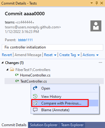 Skärmbild av alternativet Jämför med föregående i fönstret Incheckningsinformation i Visual Studio 2019.