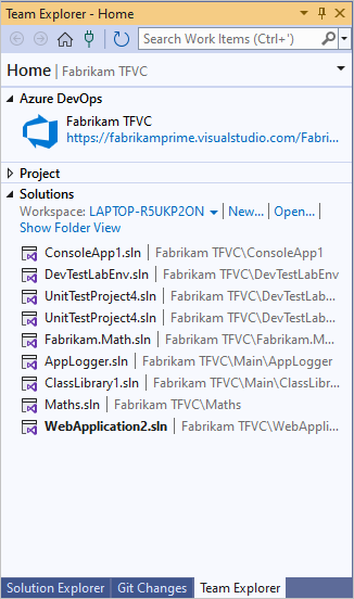 Skärmbild som visar lösningar på startsidan för Team Explorer.