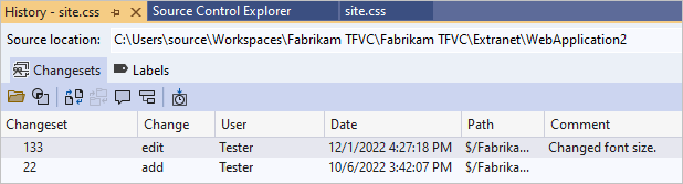 Skärmbild som visar fönstret Historik med ändringsuppsättningar.